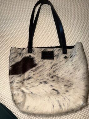 Speckled White and Brown Fur Tote with Black Handles